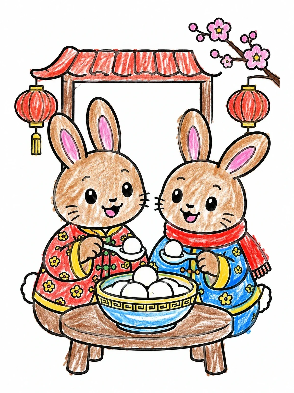 Colored example of the Rabbits Sharing Sweet Rice Dumplings coloring page