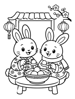 Free printable Rabbits Sharing Sweet Rice Dumplings coloring page