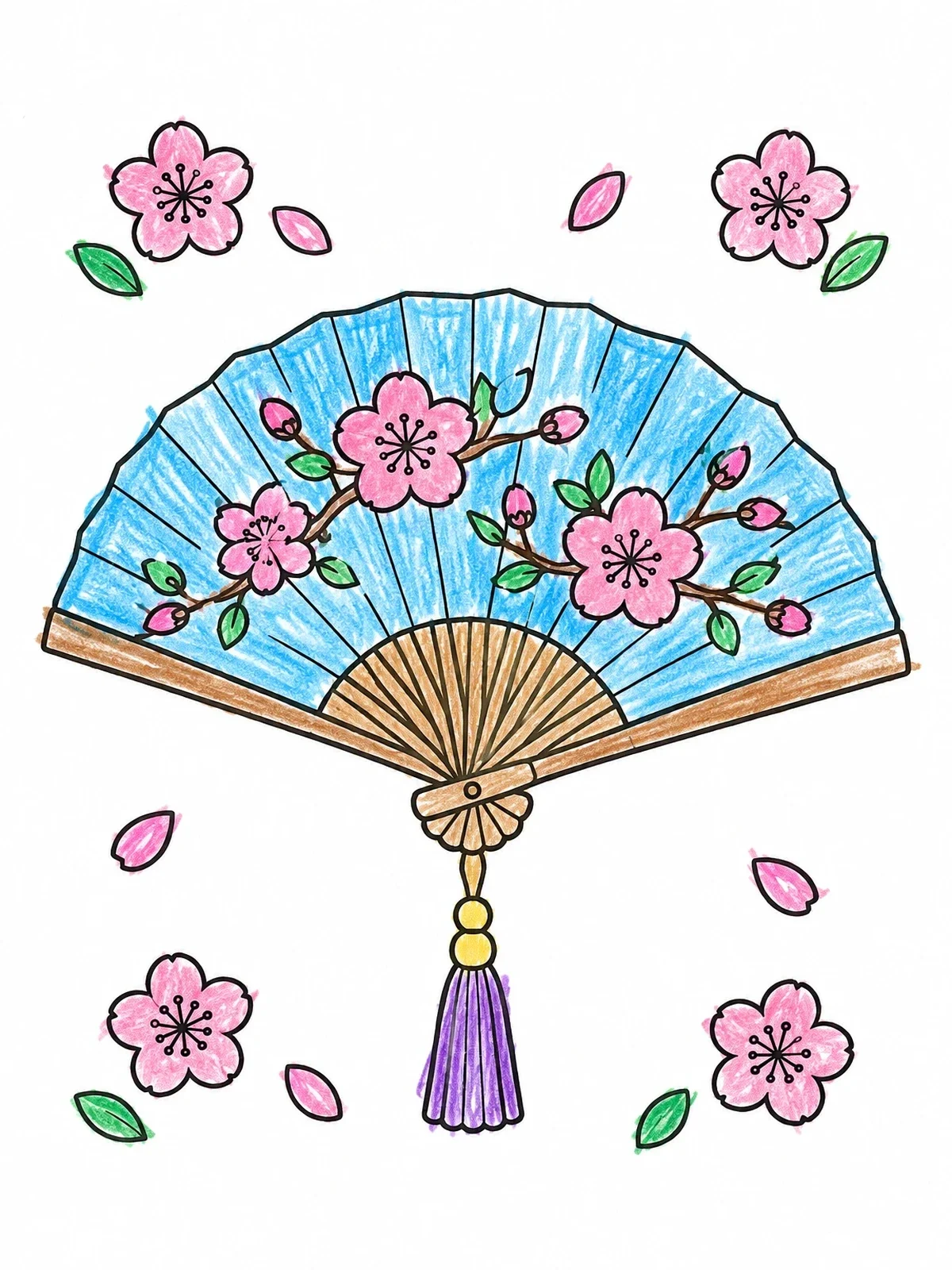 Colored example of the Traditional Folding Fan With Cherry Blossoms coloring page