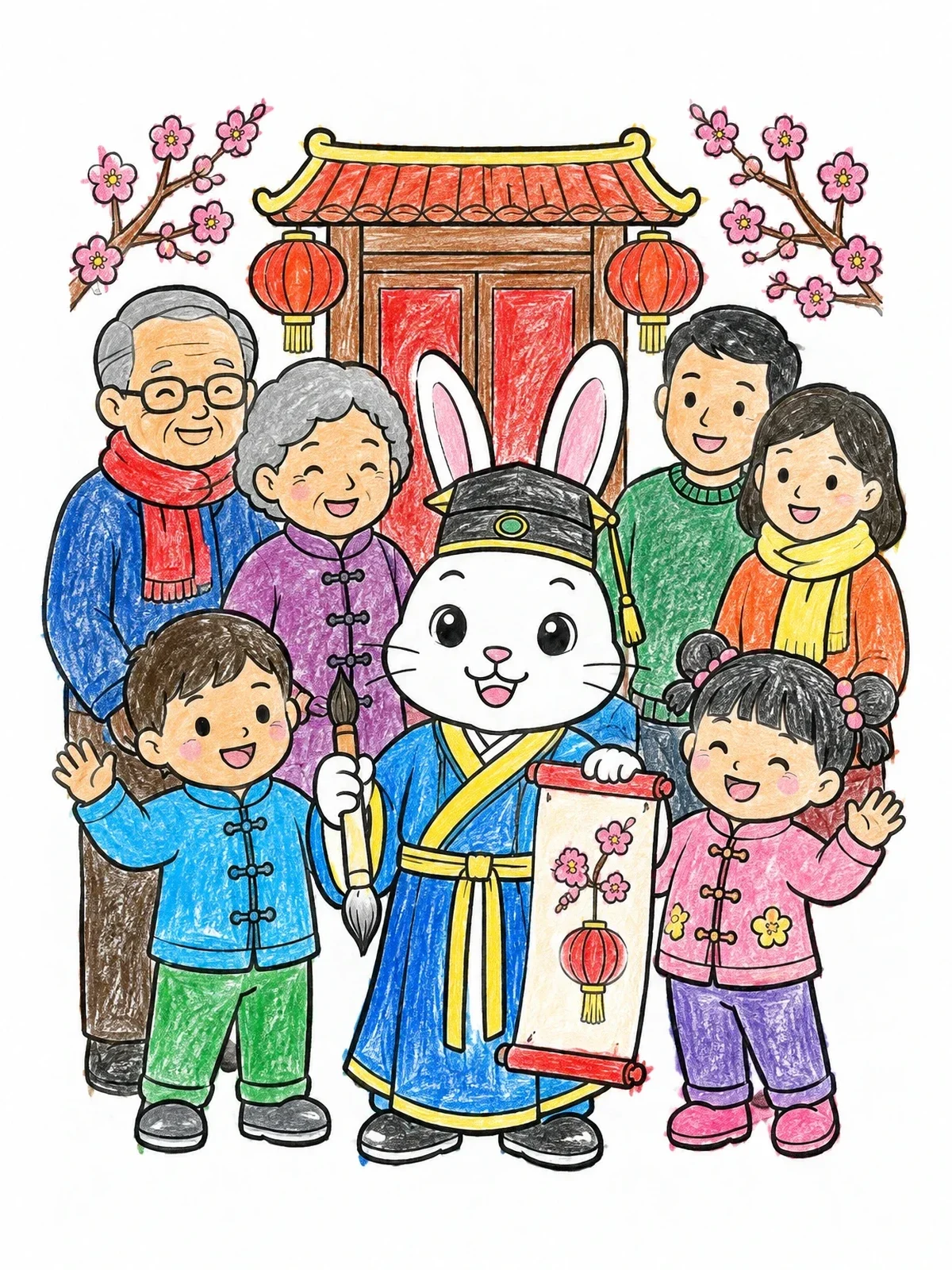 Colored example of the Zodiac Rabbit And Cheerful Family Celebration coloring page