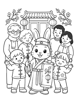 Free printable Zodiac Rabbit And Cheerful Family Celebration coloring page