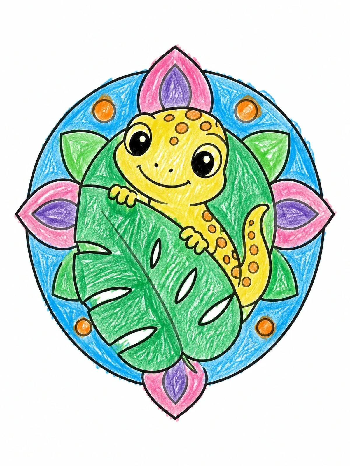 Colored example of the Cute Spotted Lizard Behind Leaf coloring page
