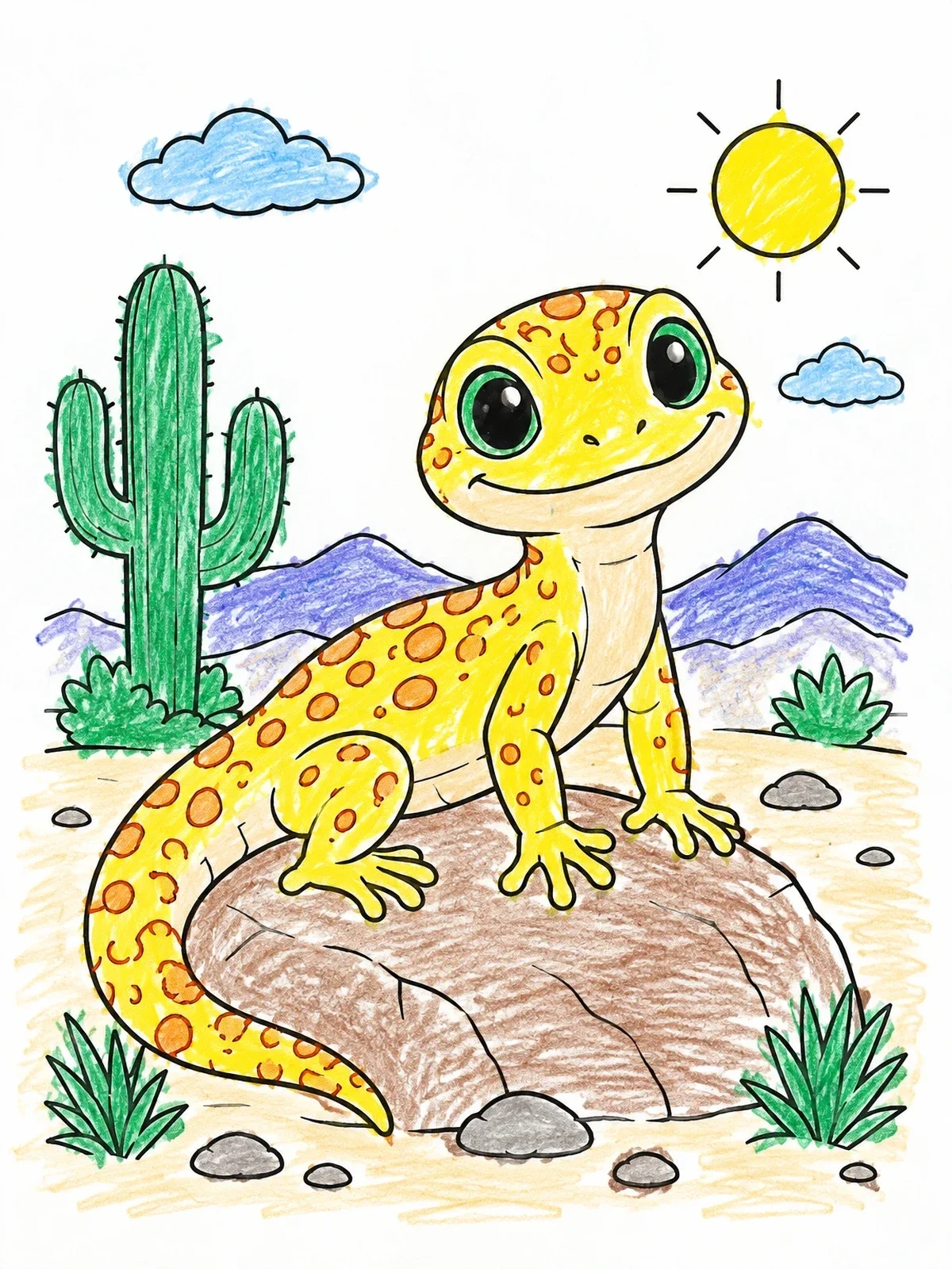 Colored example of the Cute Spotted Lizard In The Desert coloring page