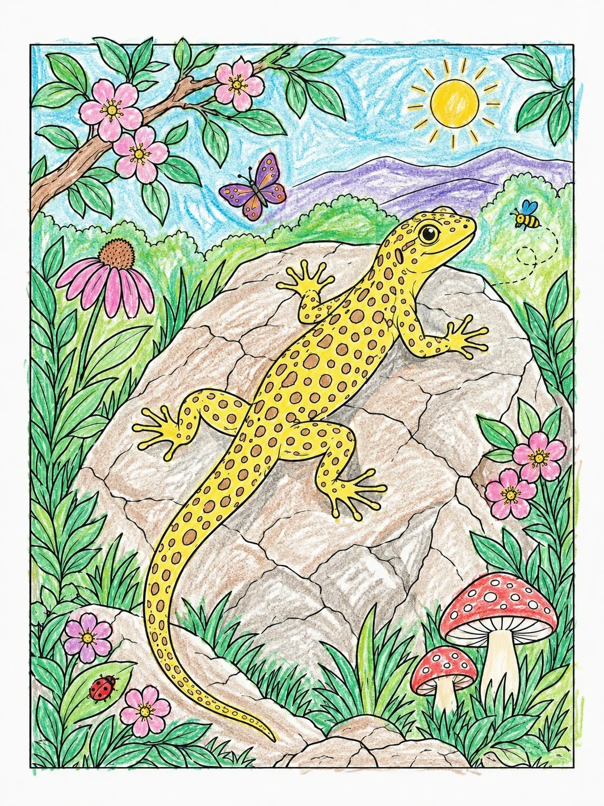 Colored example of the Spotted Lizard Sunning On Boulder coloring page