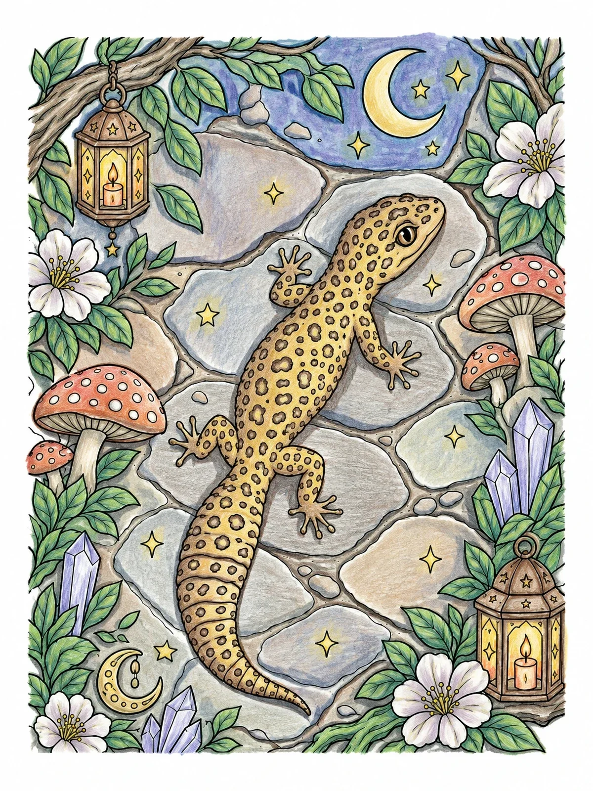 Colored example of the Spotted Lizard On Stone Path coloring page
