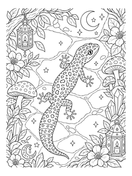 A detailed yellow spotted lizard coloring page crawling across flagstones surrounded by lanterns and mushrooms.