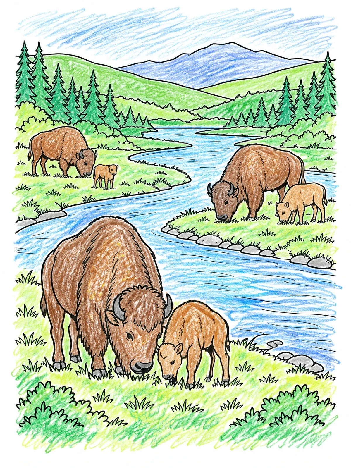 Colored example of the Bison Herd By The River coloring page