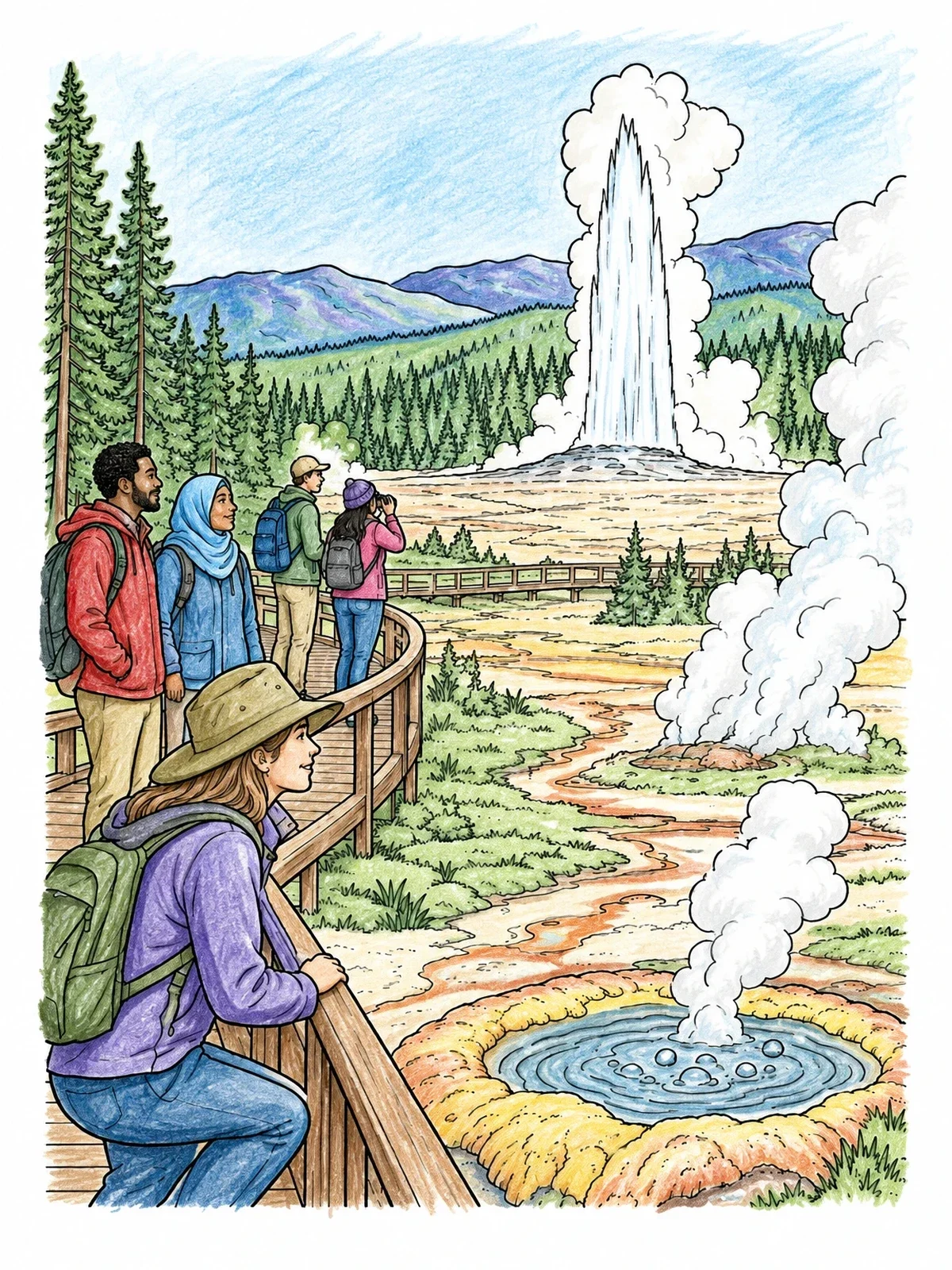 Colored example of the Yellowstone Boardwalk And Erupting Geyser coloring page