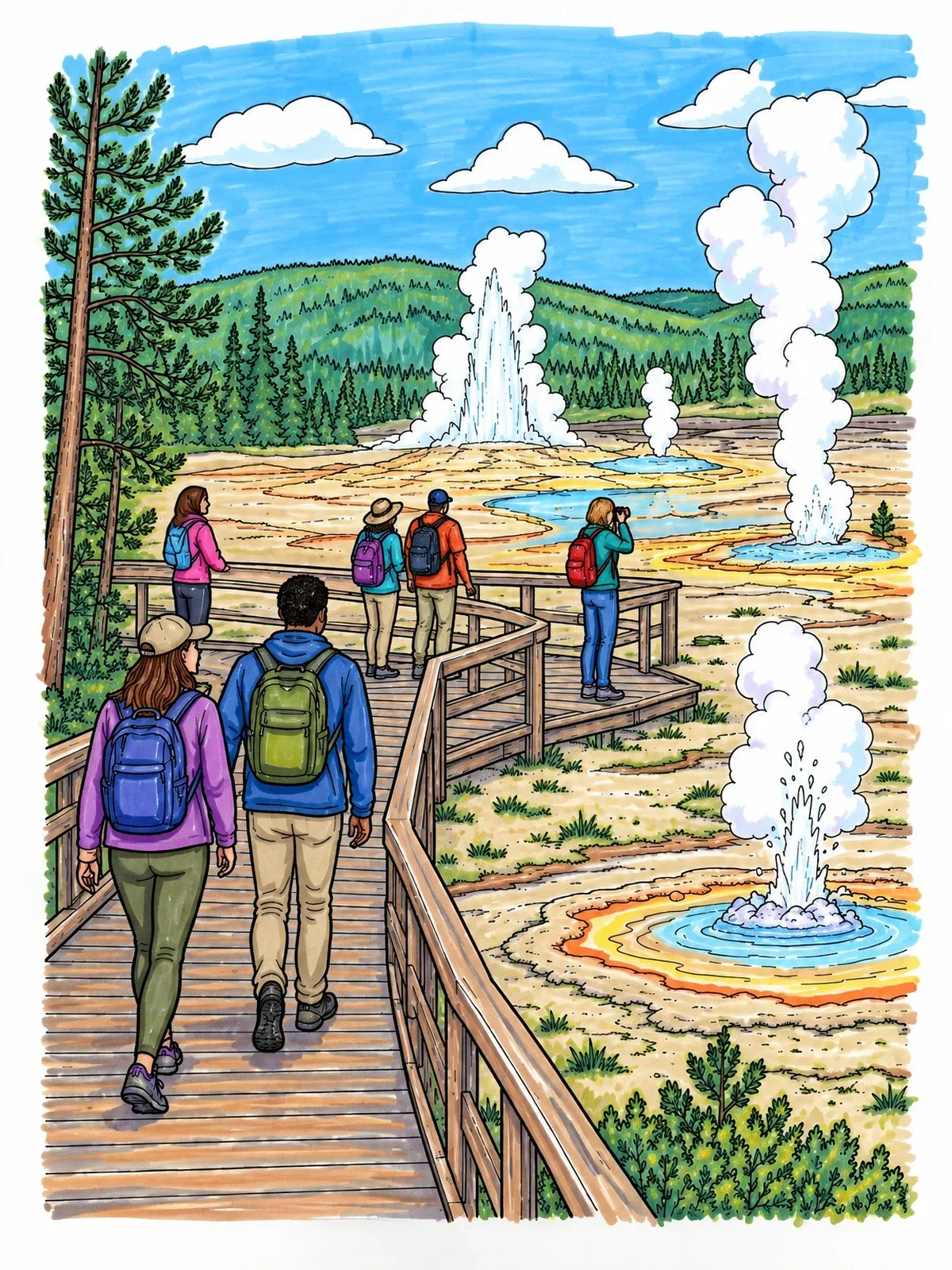 Colored example of the Yellowstone Boardwalk Geyser Basin coloring page