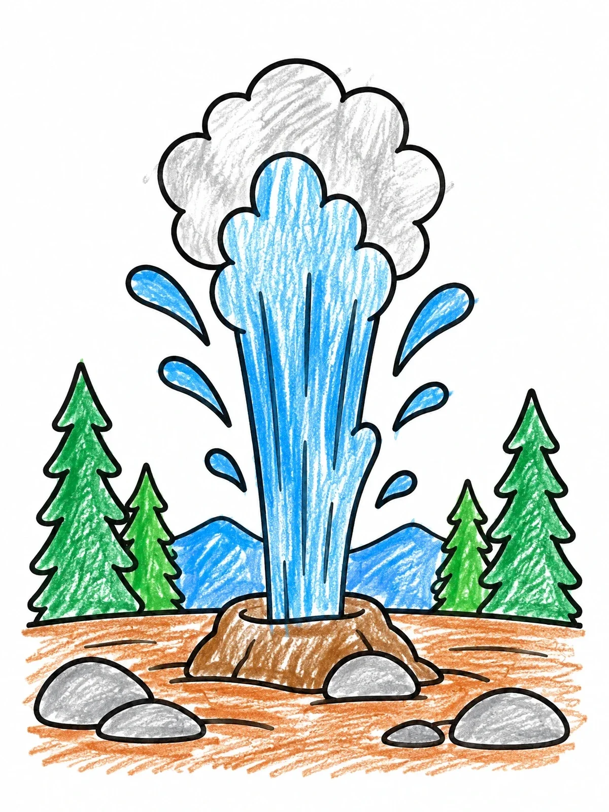 Colored example of the Erupting Geyser In The Woods coloring page
