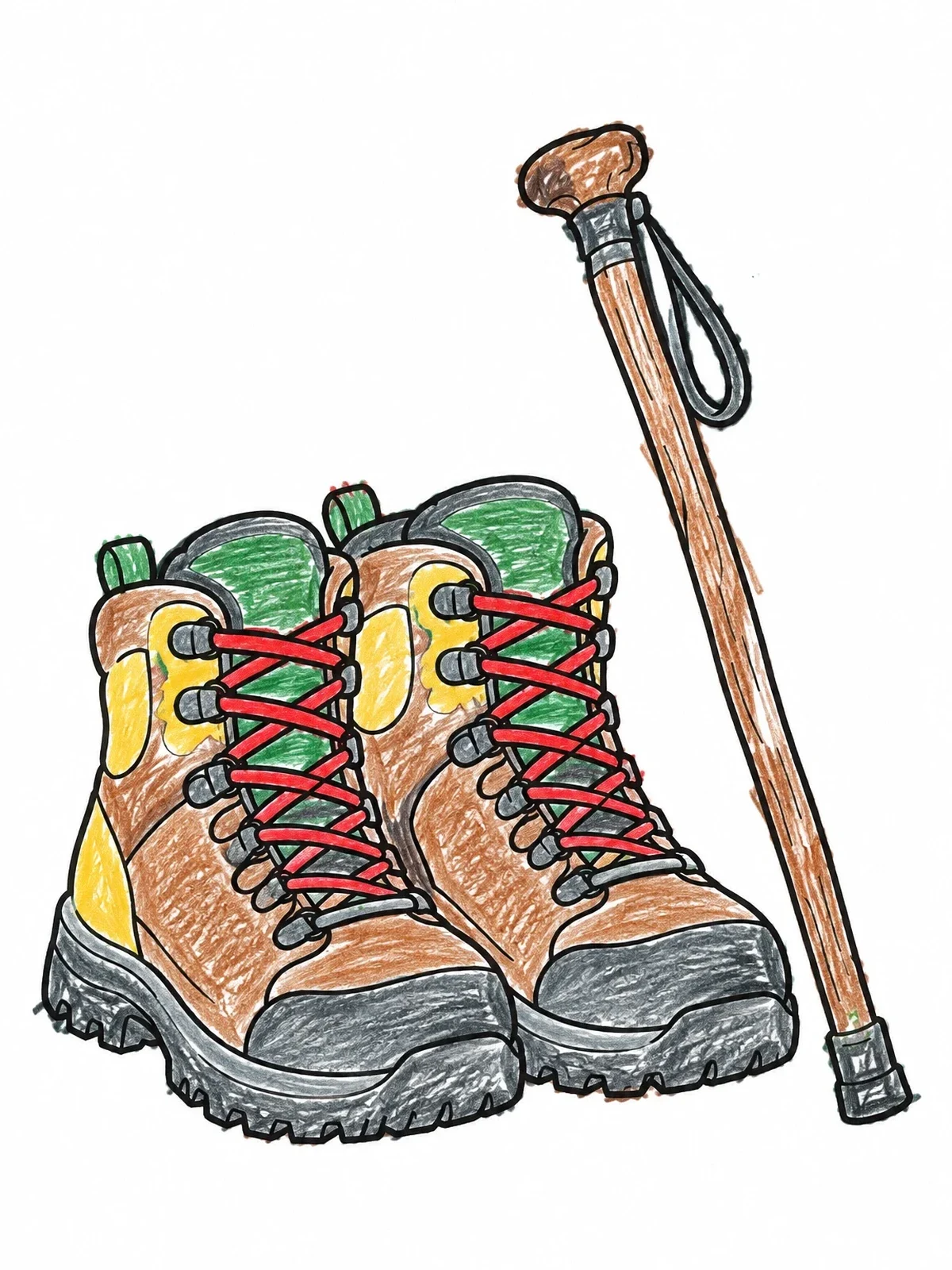 Colored example of the Hiking Boots And Walking Stick coloring page