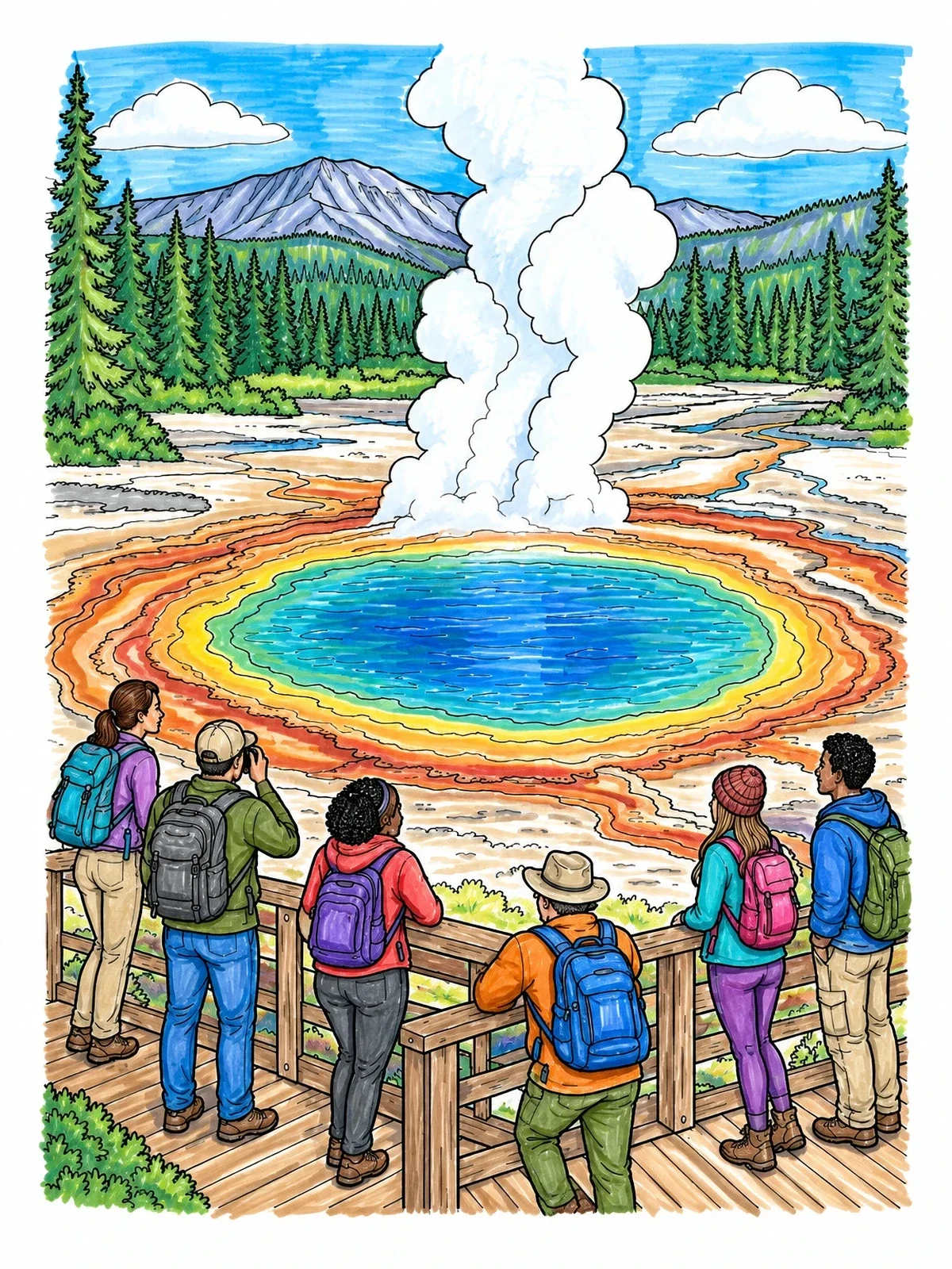 Colored example of the Hikers At Yellowstone Hot Spring coloring page