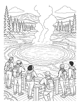 Free printable Hikers At Yellowstone Hot Spring coloring page