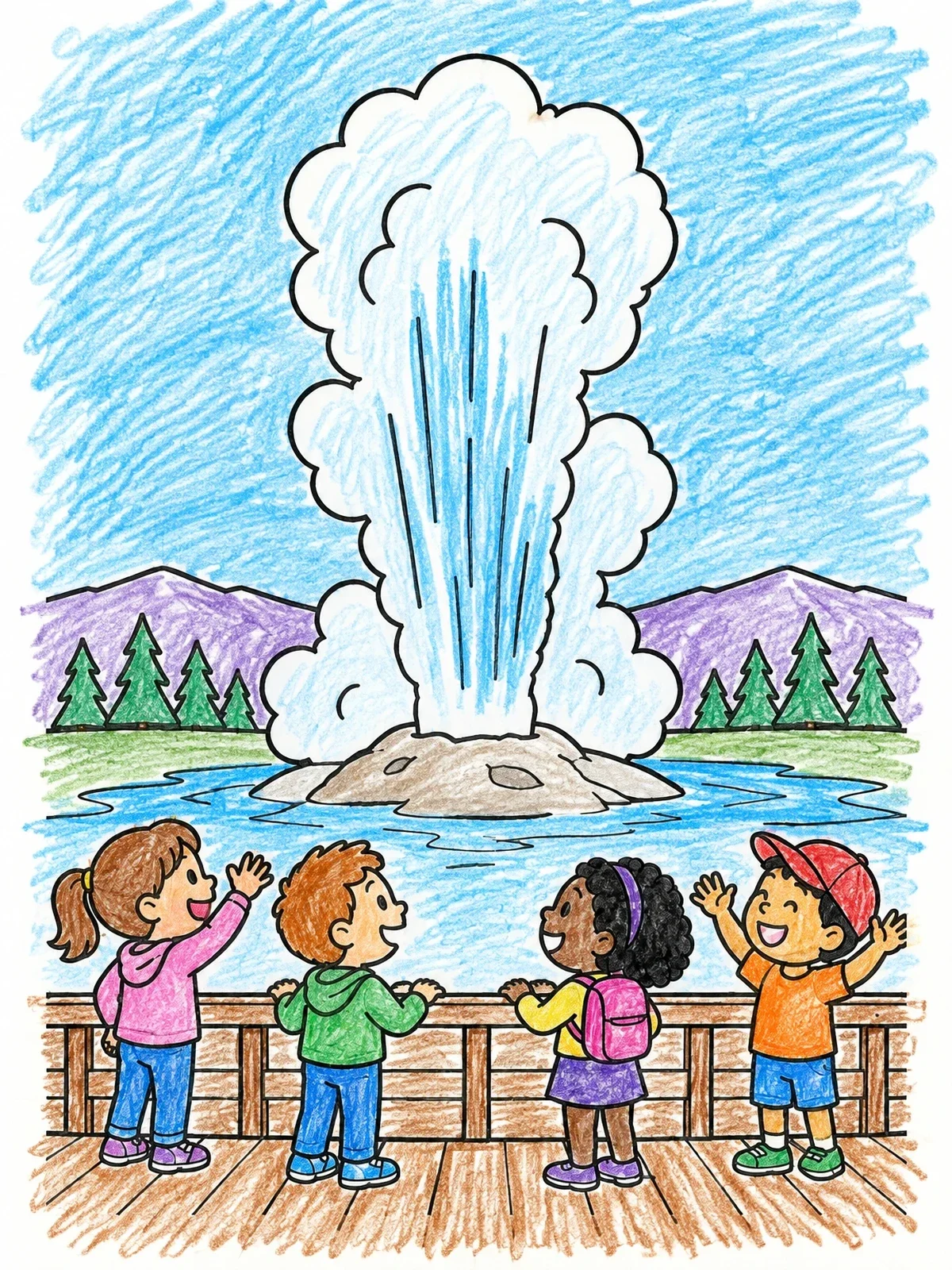 Colored example of the Kids Watching Old Faithful Erupt coloring page