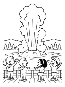 Free printable Kids Watching Old Faithful Erupt coloring page