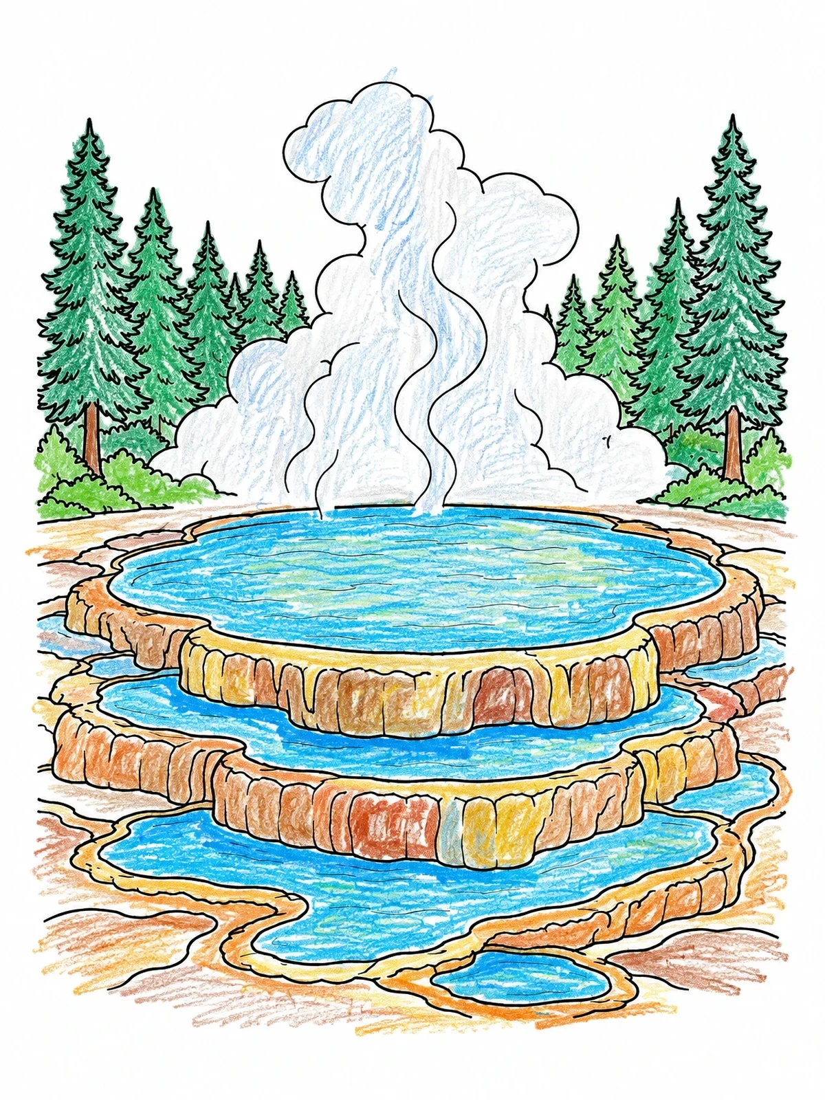 Colored example of the Steaming Yellowstone Hot Spring Terraces coloring page