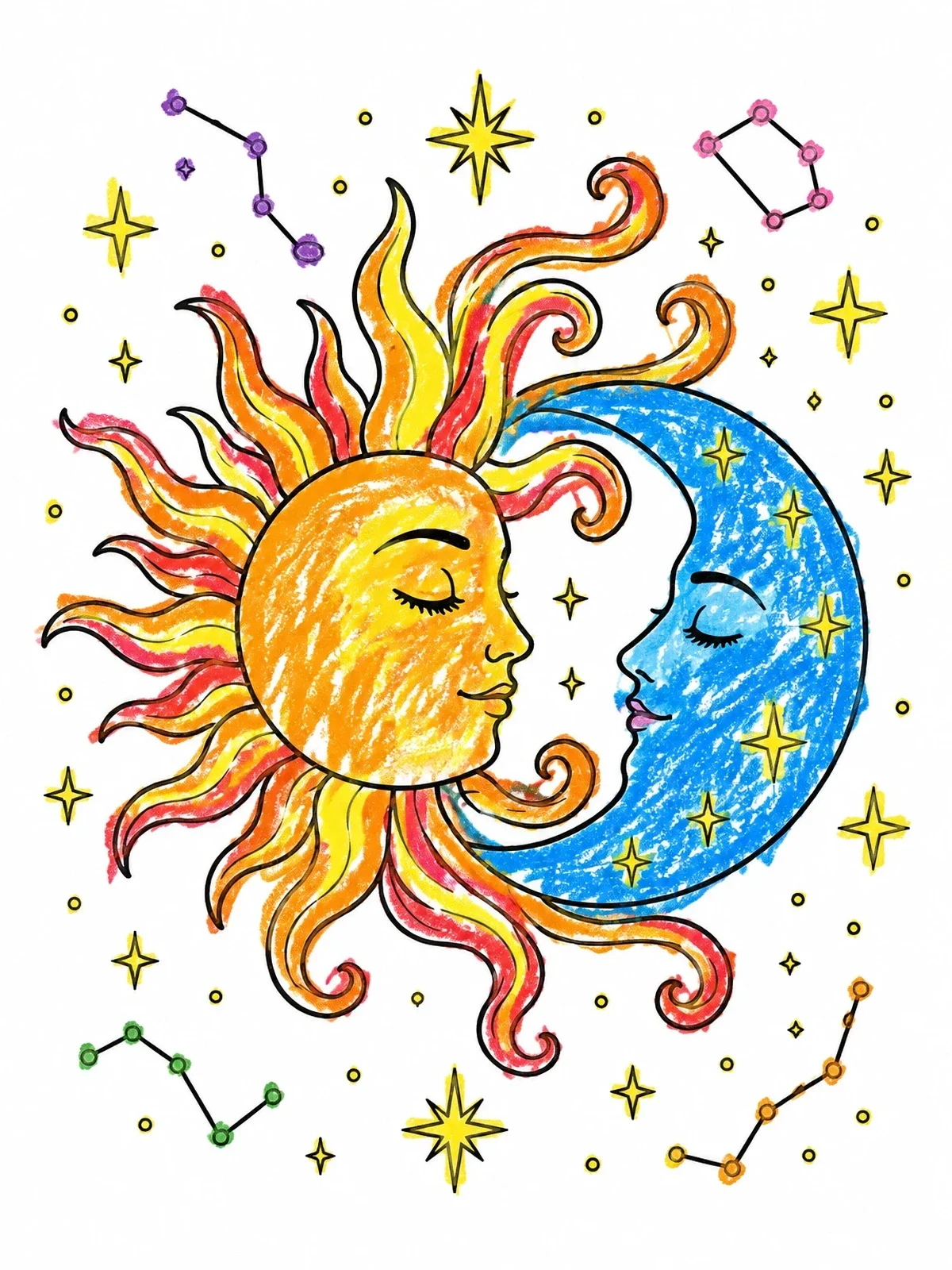 Colored example of the Celestial Sun And Moon Union coloring page