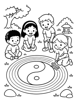 Free printable Children Raking Yin Yang Garden coloring page