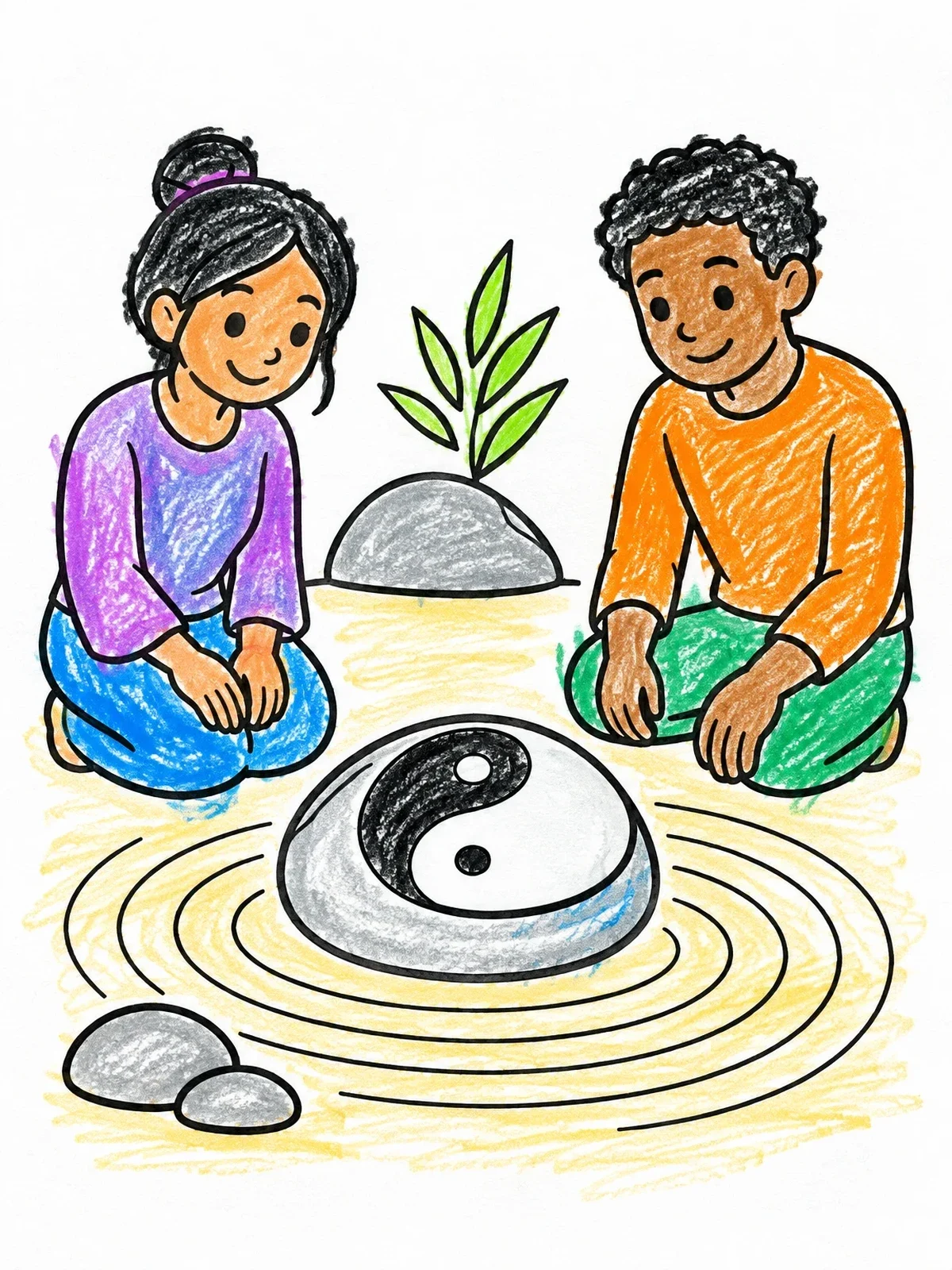 Colored example of the Children And Zen Garden Stone coloring page