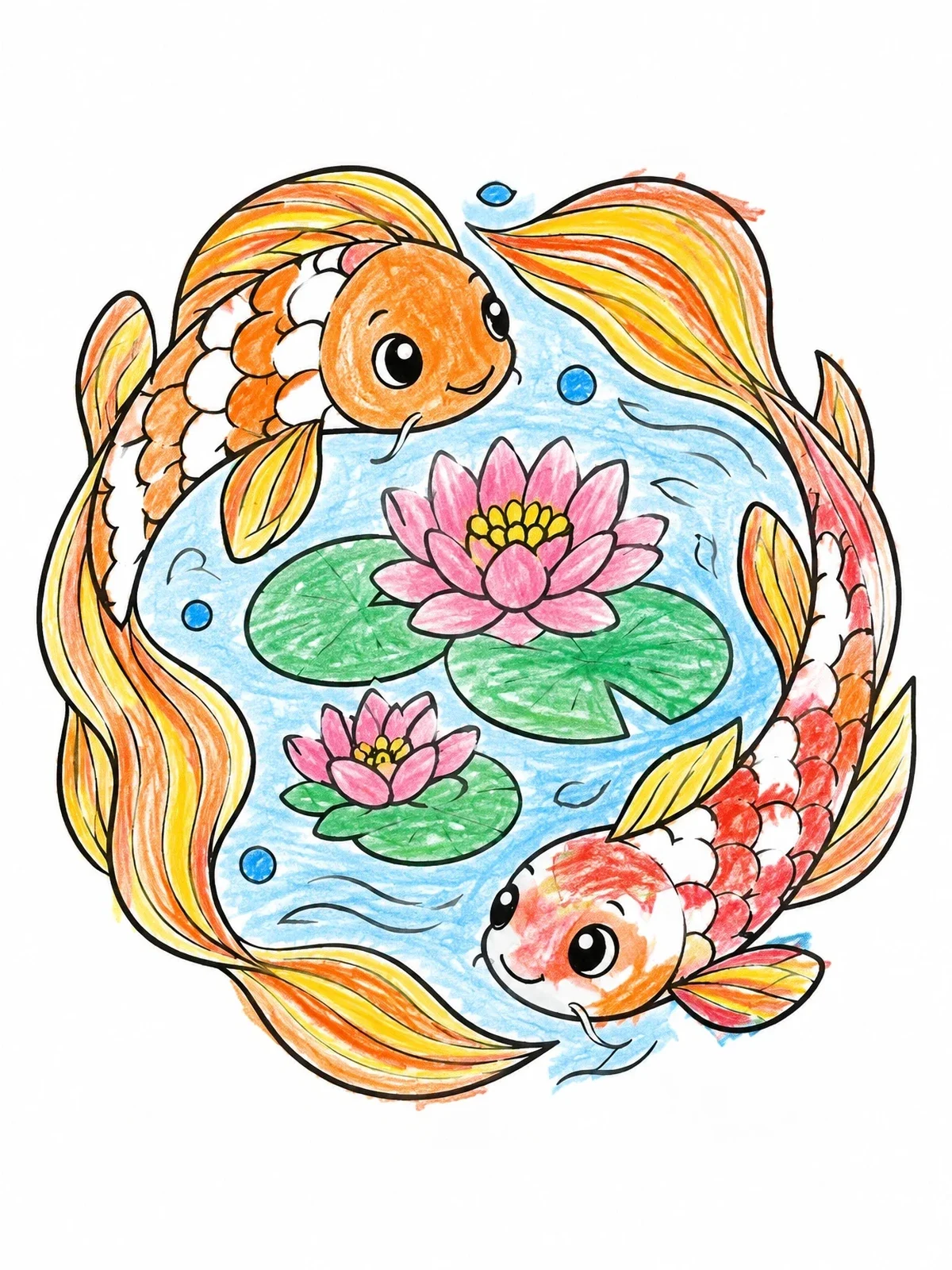 Colored example of the Cute Yin Yang Koi Fish coloring page