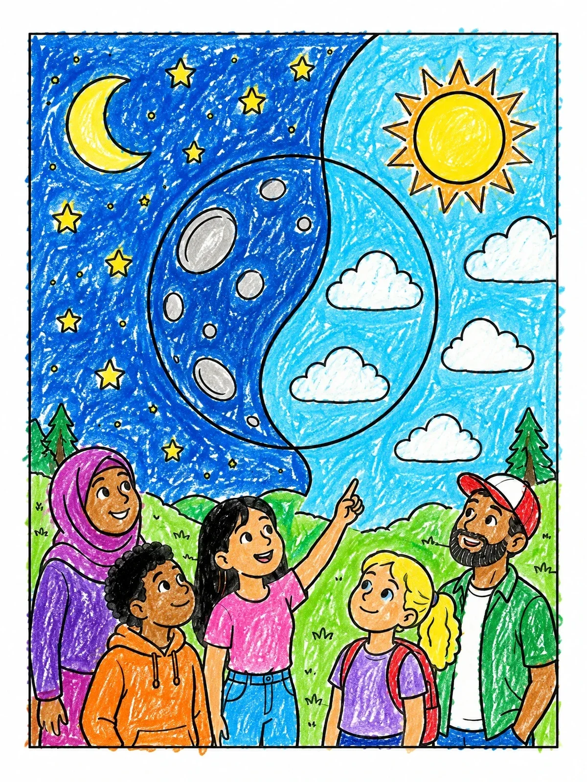 Colored example of the Family Watching Day And Night Sky coloring page