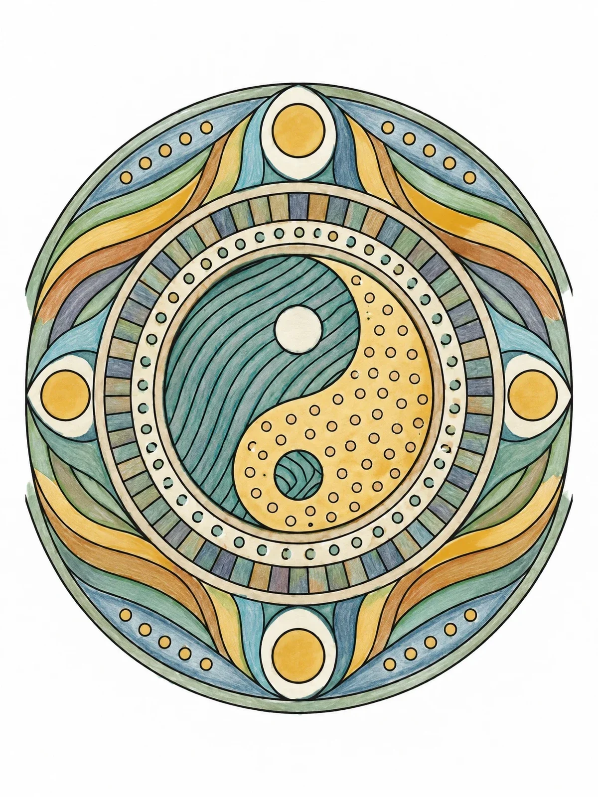 Colored example of the Geometric Yin Yang Mandala coloring page