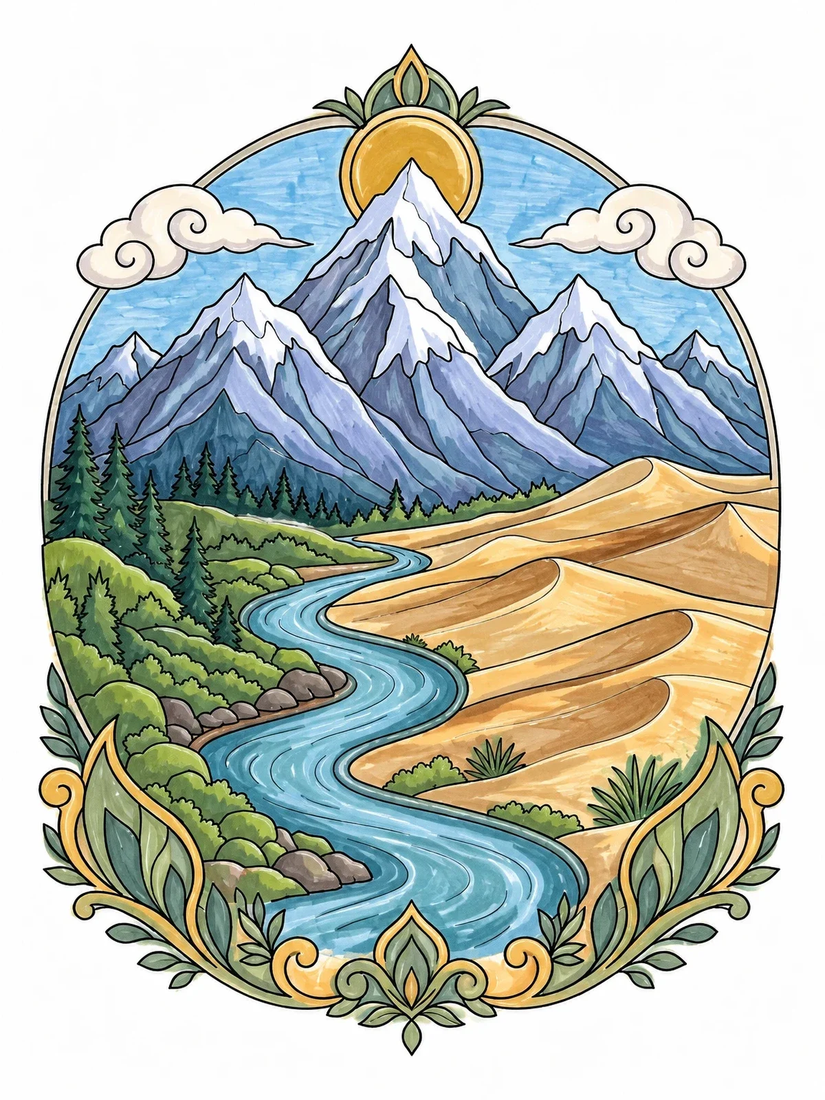 Colored example of the Mountain Peaks And Desert Dunes Landscape coloring page