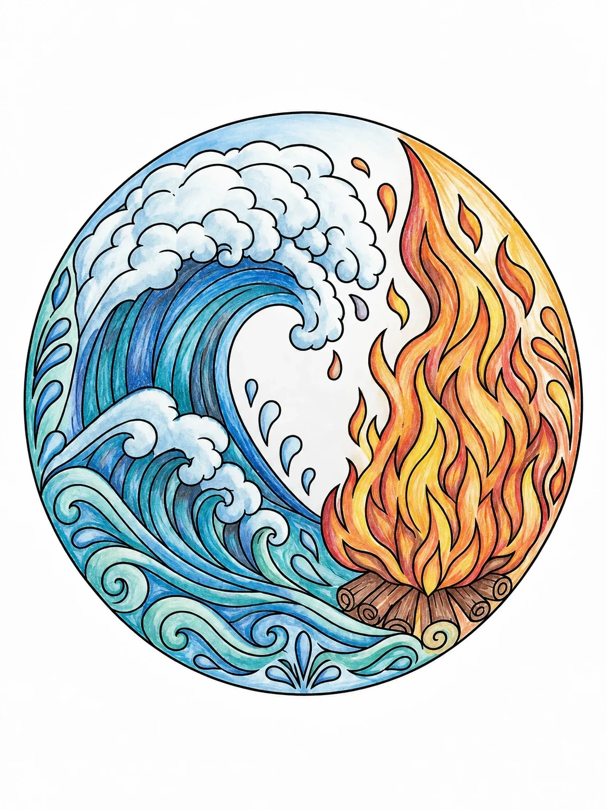 Colored example of the Ocean Wave And Fire Bonfire Circle coloring page