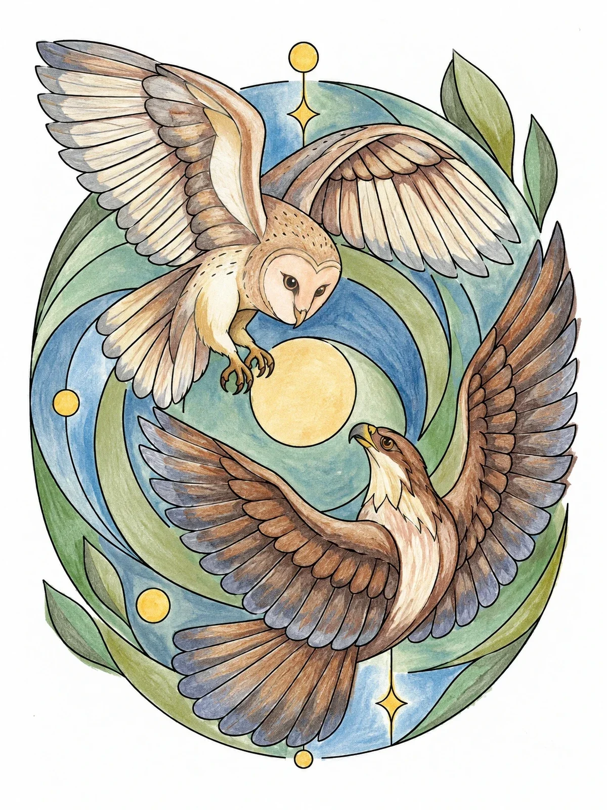 Colored example of the Owl And Hawk Yin Yang coloring page