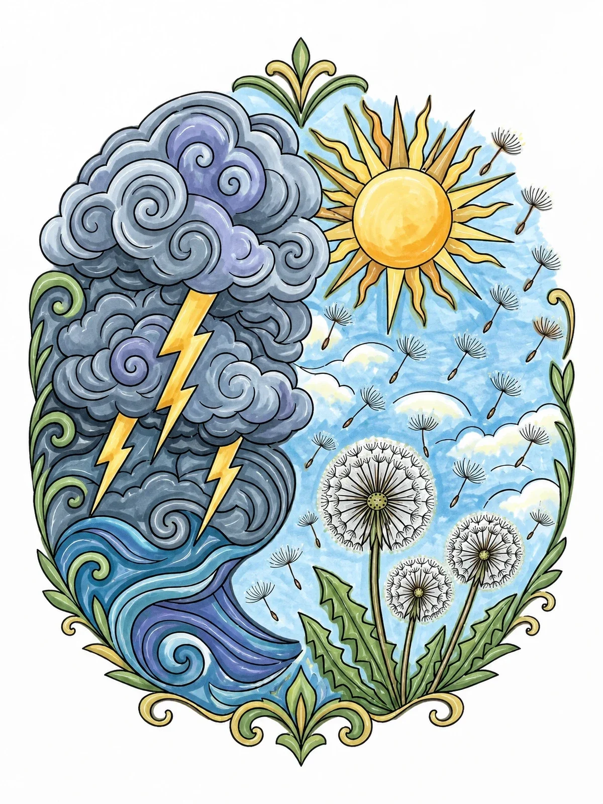 Colored example of the Storm And Sunshine Yin Yang coloring page