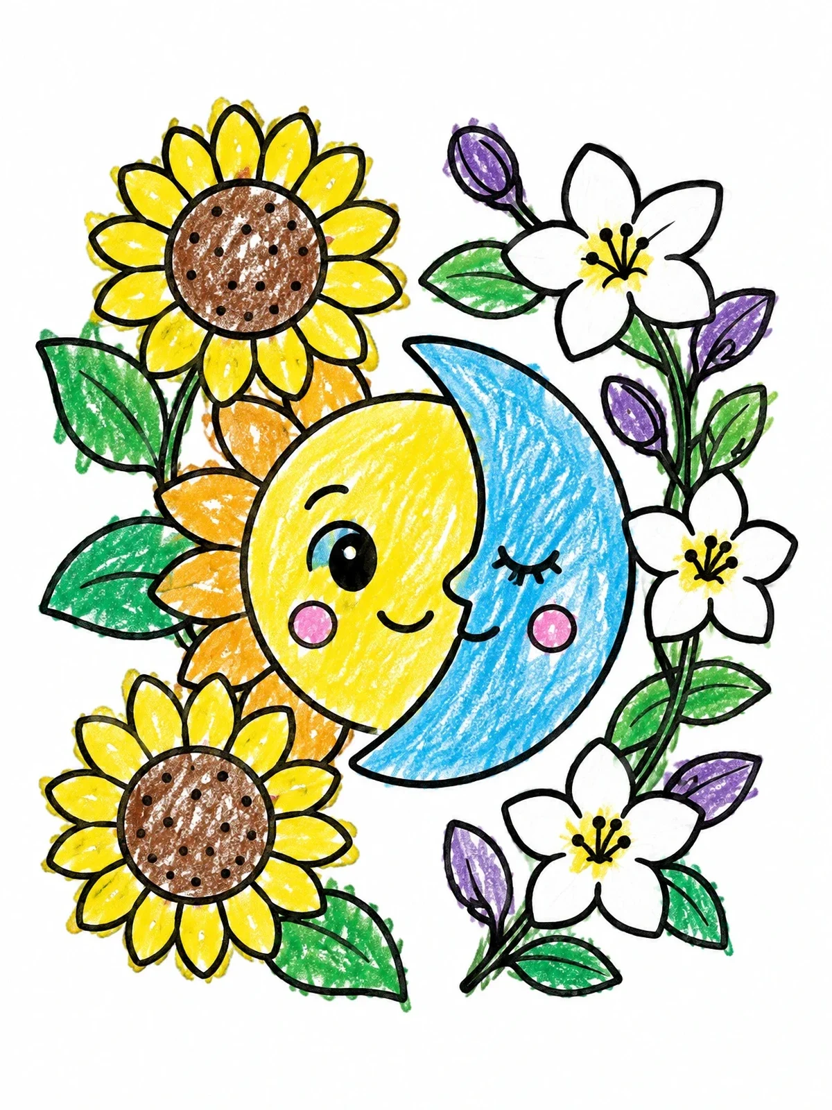 Colored example of the Sun And Moon Floral Harmony coloring page
