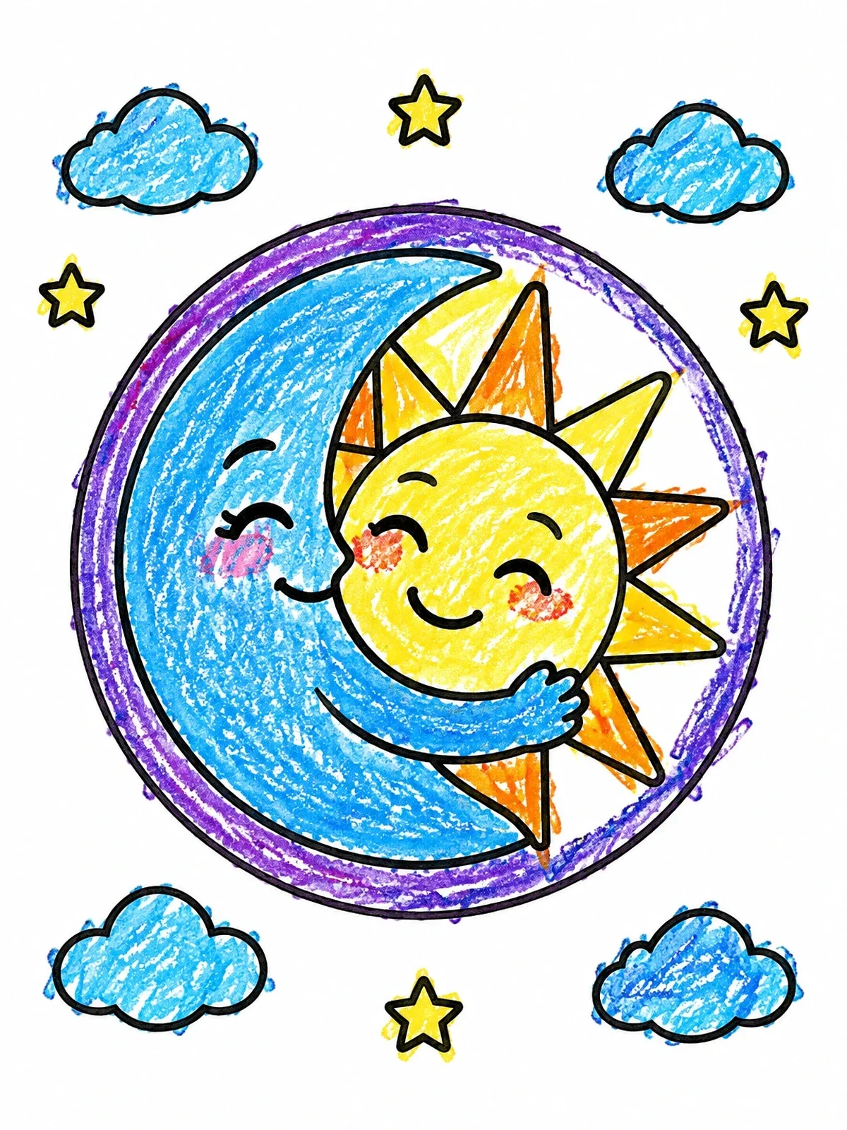 Colored example of the Sun And Moon Hugging Yin Yang coloring page