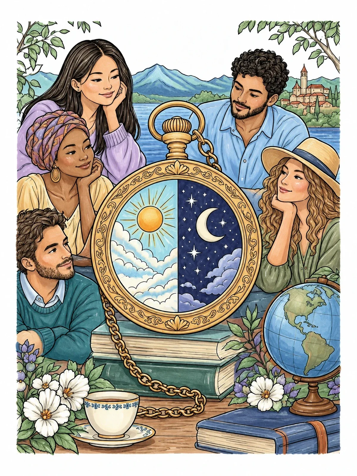 Colored example of the Sun And Moon Pocket Watch Gathering coloring page