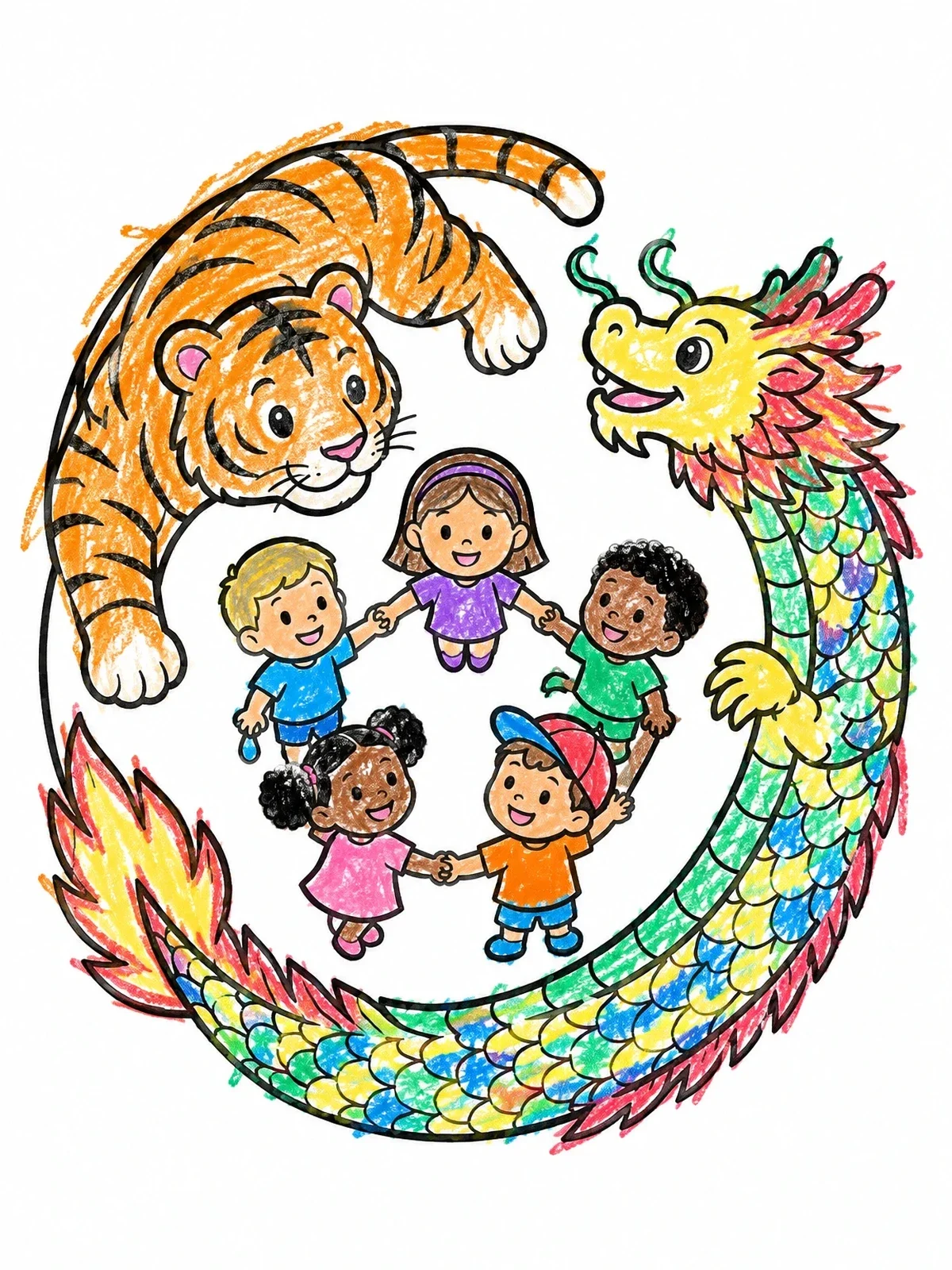 Colored example of the Tiger And Dragon With Dancing Children coloring page