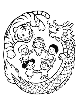 Free printable Tiger And Dragon With Dancing Children coloring page