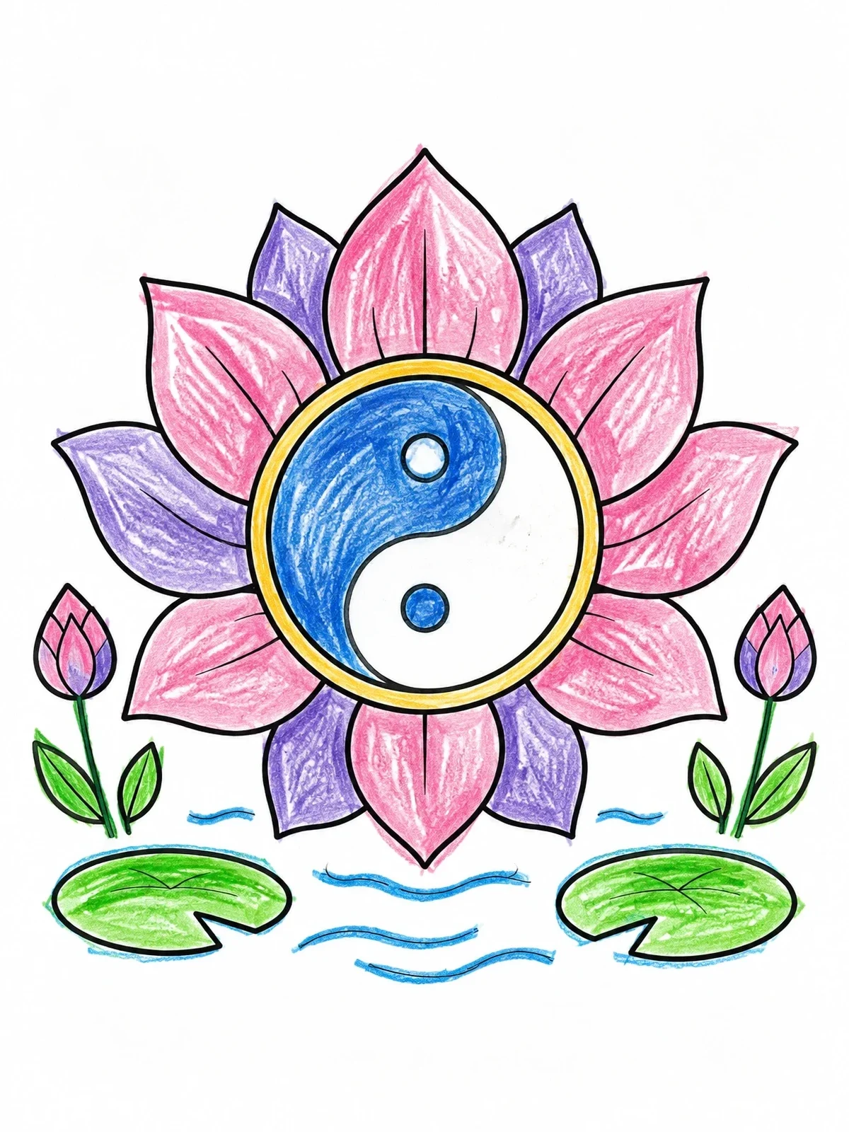 Colored example of the Yin Yang Blooming Lotus Flower coloring page