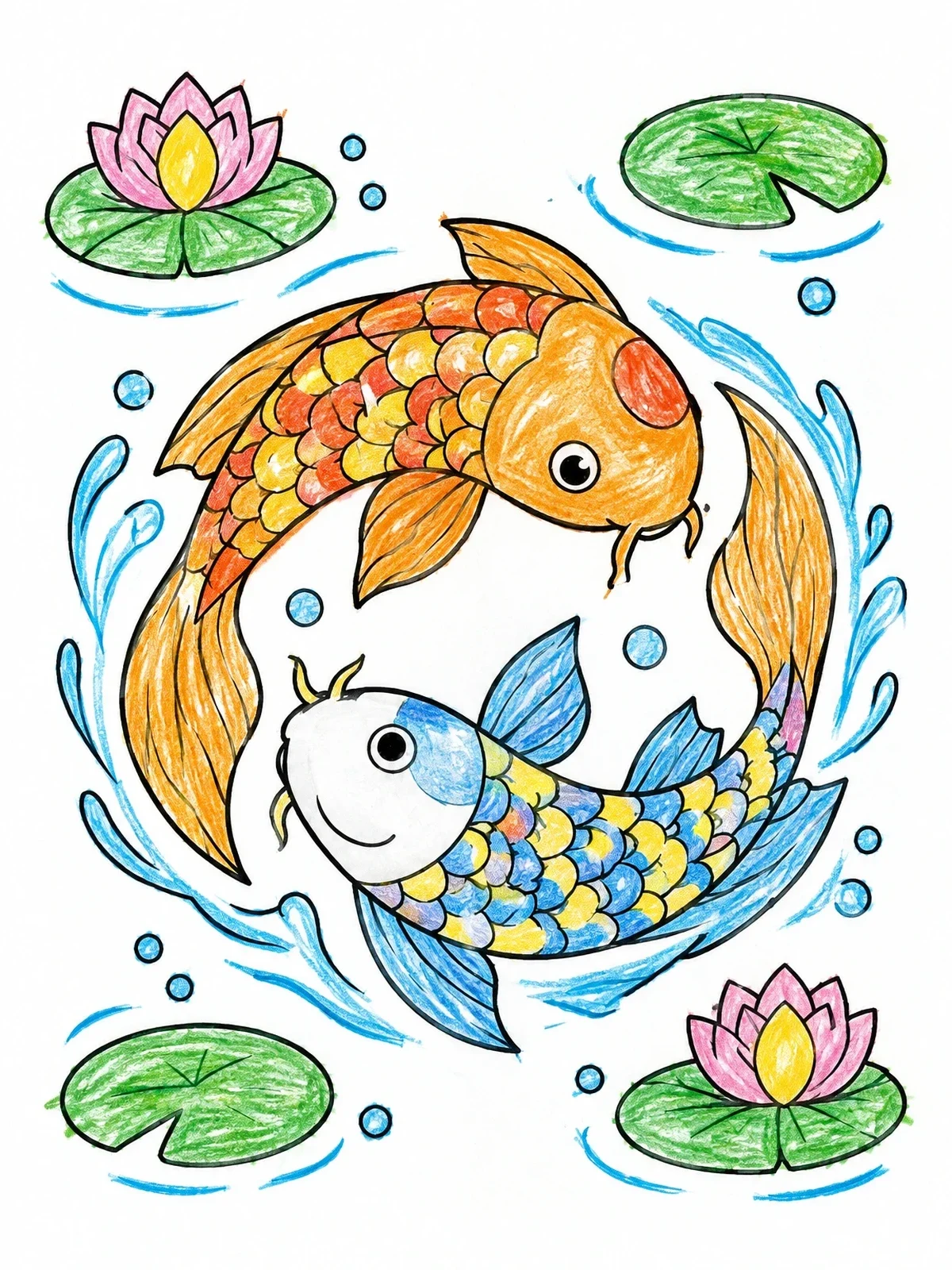 Colored example of the Yin Yang Swimming Koi Fish coloring page