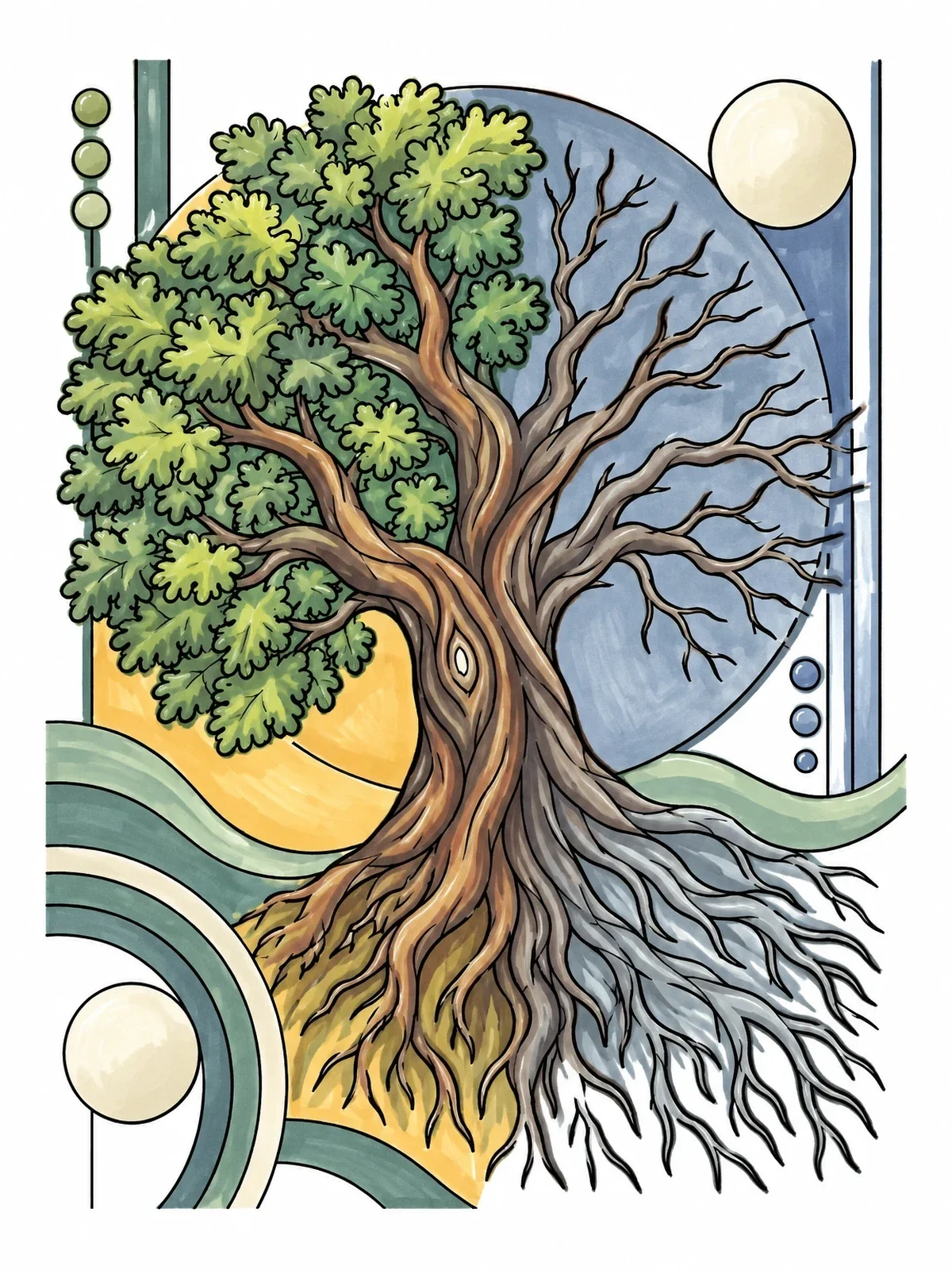 Colored example of the Yin Yang Tree Of Life coloring page