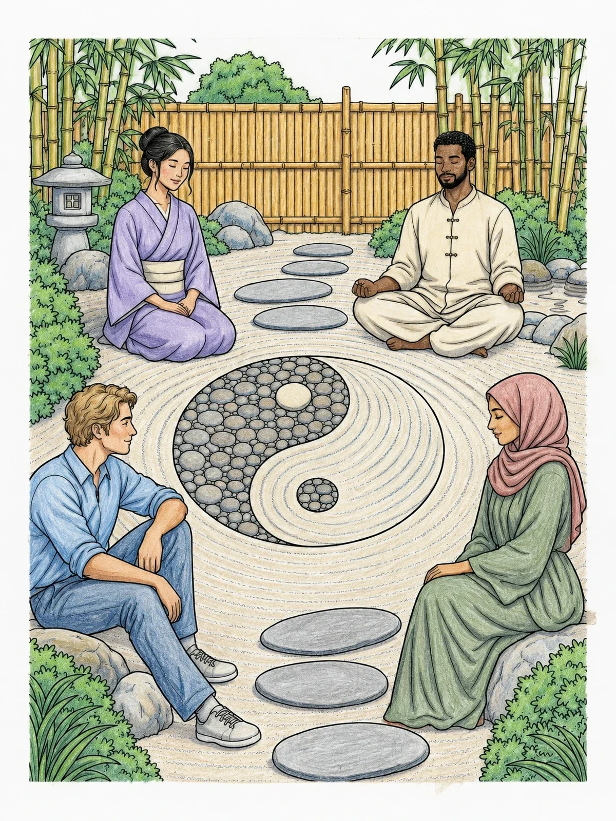 Colored example of the Zen Garden Meditation With Yin Yang coloring page