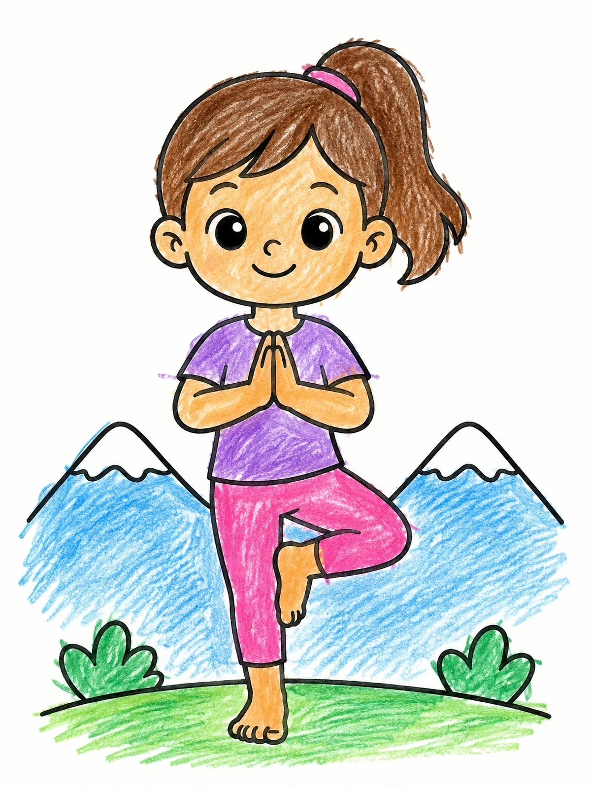 Colored example of the Girl Practicing Tree Pose Outdoors coloring page
