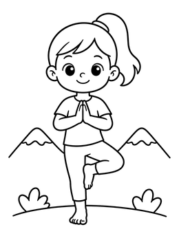 A cheerful girl balancing on one leg in this yoga coloring page.