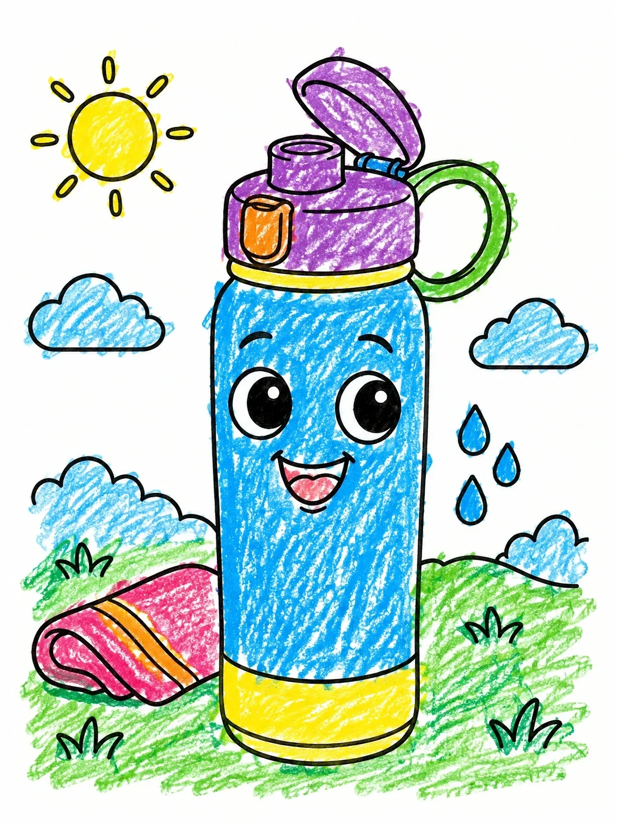 Colored example of the Happy Water Bottle Outdoors coloring page