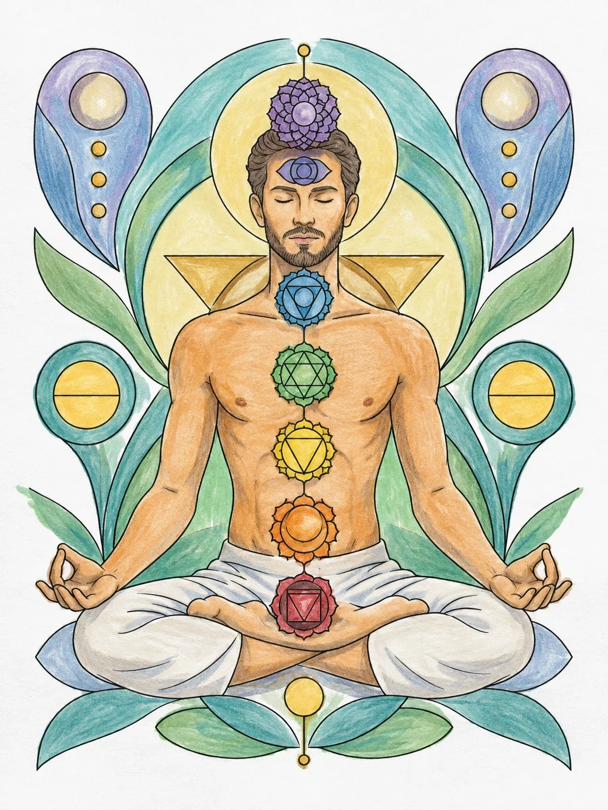 Colored example of the Meditating Man With Seven Chakras coloring page