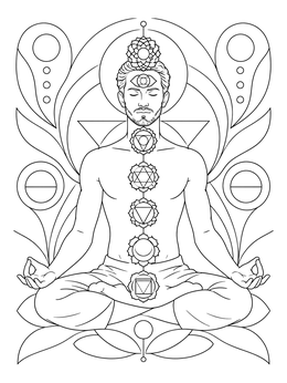 A serene yoga coloring page featuring a man meditating in lotus pose with seven chakras.