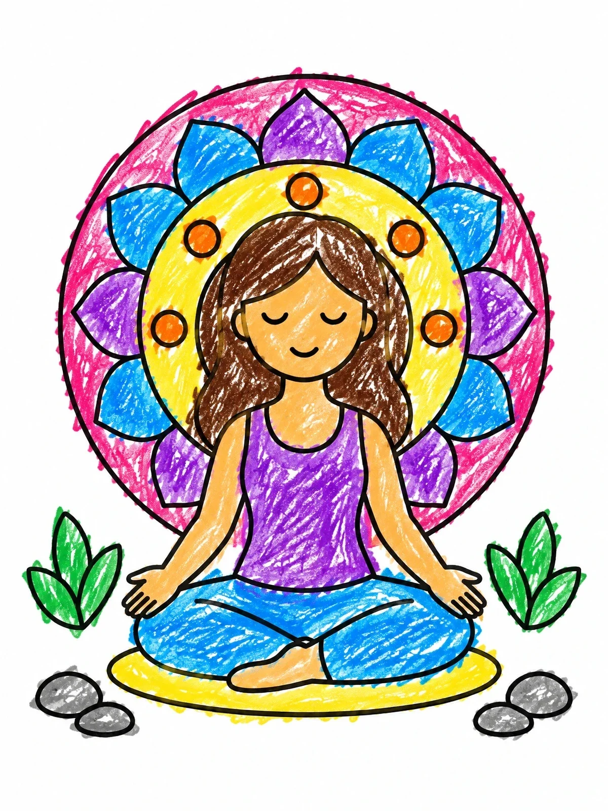 Colored example of the Meditating Woman With Lotus Mandala coloring page
