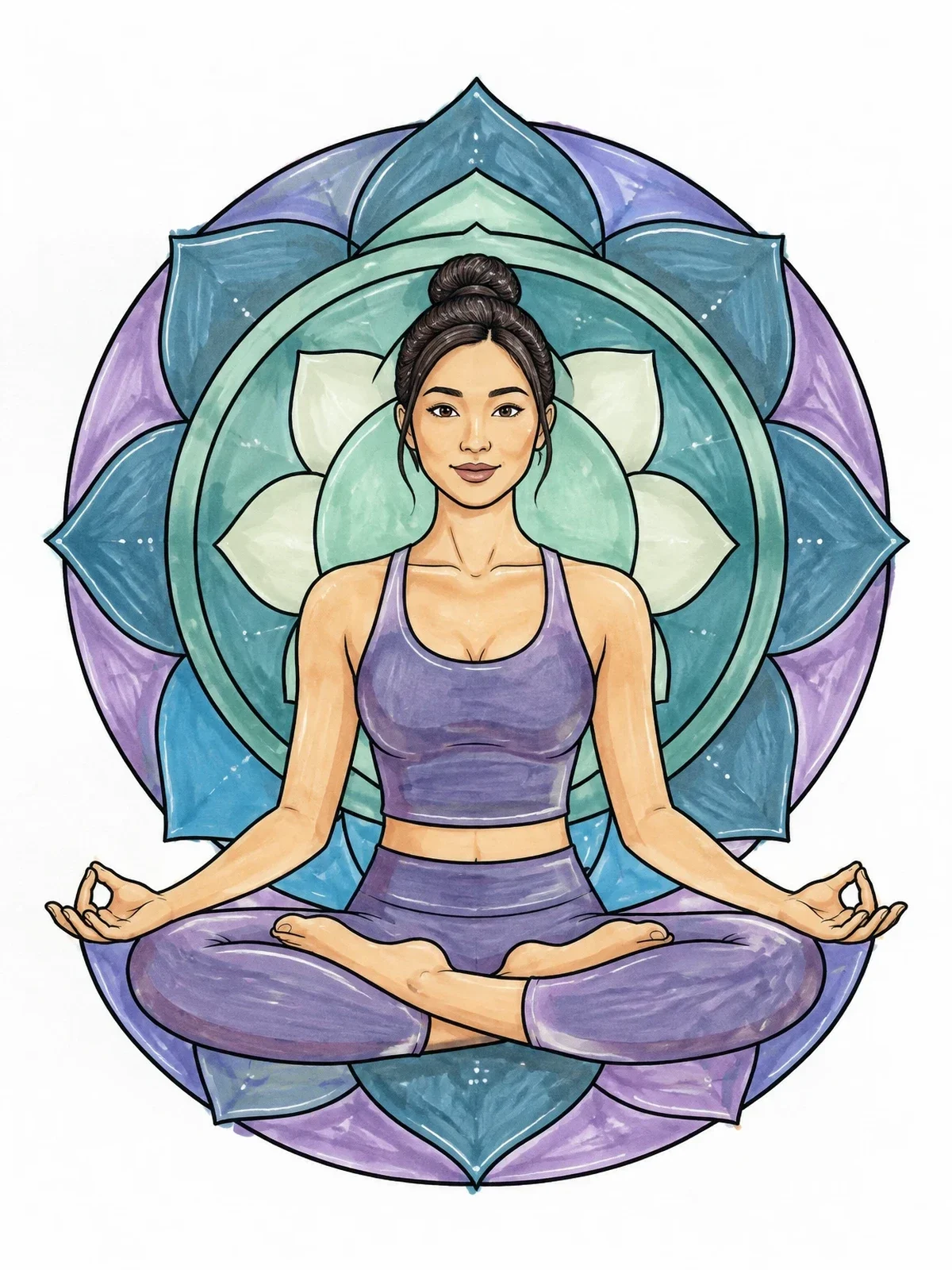 Colored example of the Meditating Woman In Lotus Pose coloring page
