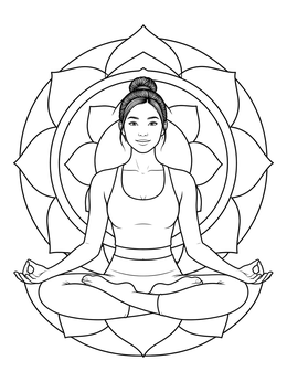 A serene woman meditating in lotus pose framed by a mandala on this yoga coloring page.