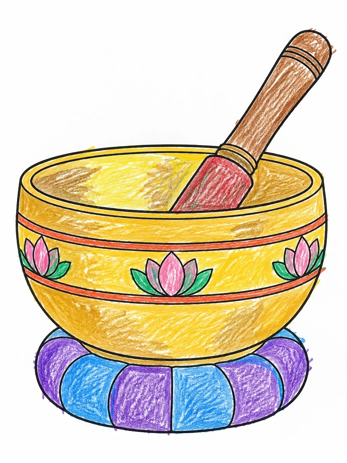 Colored example of the Meditation Singing Bowl With Mallet coloring page