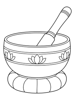 A peaceful yoga coloring page showing a singing bowl resting on a cushion with a wooden striker.