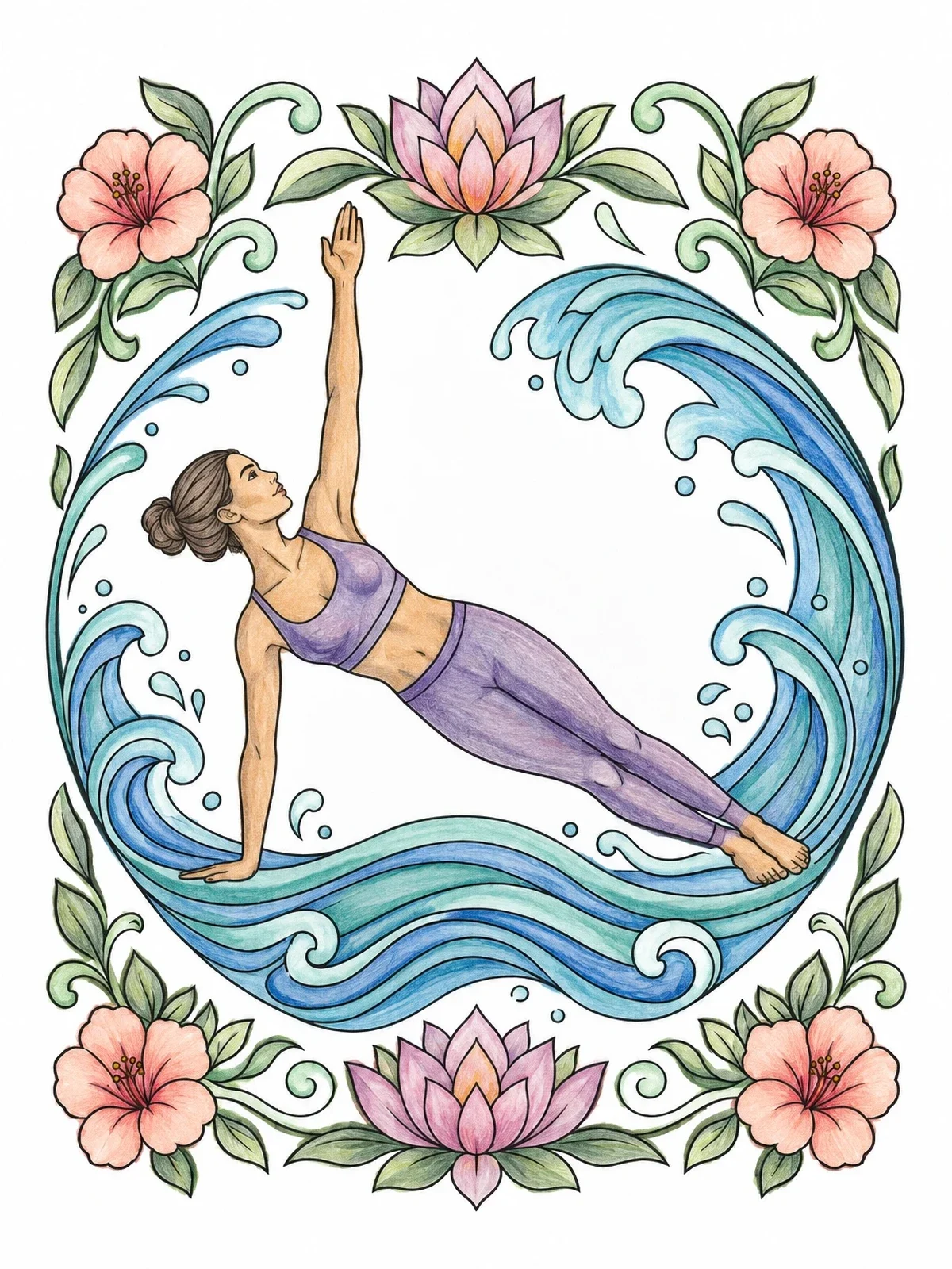 Colored example of the Side Plank Pose With Waves And Lotus coloring page